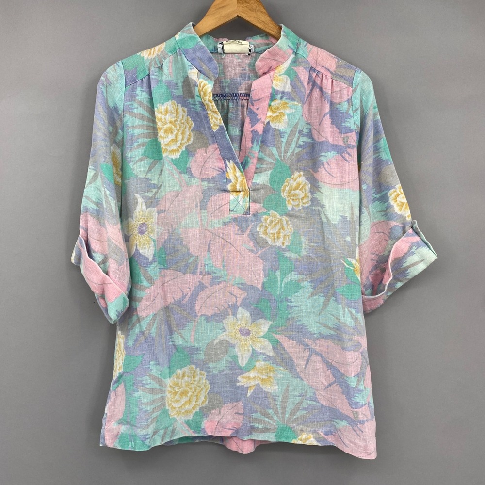 Teddi of California Vintage 80s Floral Blouse Womens 12 Pastel Tropical Top